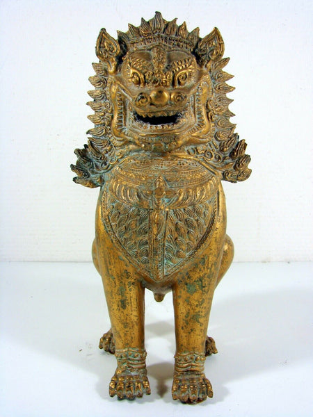 Antique Foo Foo Dog Chinese Imperial Guardian Lion Shishi Khmer Sculpture Cambodia Bronze Gilt Statue 11"