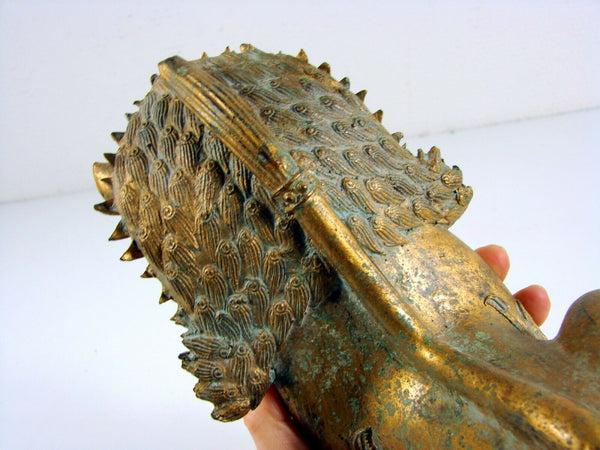 Antique Foo Foo Dog Chinese Imperial Guardian Lion Shishi Khmer Sculpture Cambodia Bronze Gilt Statue 11"