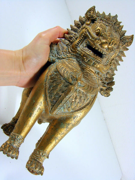 Antique Foo Foo Dog Chinese Imperial Guardian Lion Shishi Khmer Sculpture Cambodia Bronze Gilt Statue 11"
