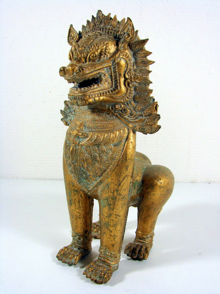 Antique Foo Foo Dog Chinese Imperial Guardian Lion Shishi Khmer Sculpture Cambodia Bronze Gilt Statue 11"