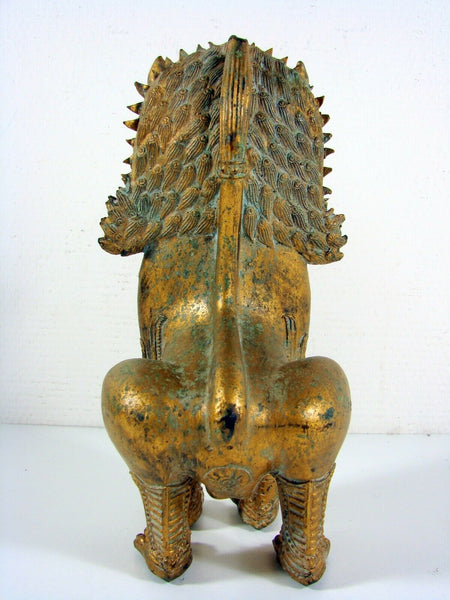 Antique Foo Foo Dog Chinese Imperial Guardian Lion Shishi Khmer Sculpture Cambodia Bronze Gilt Statue 11"