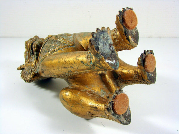 Antique Foo Foo Dog Chinese Imperial Guardian Lion Shishi Khmer Sculpture Cambodia Bronze Gilt Statue 11"
