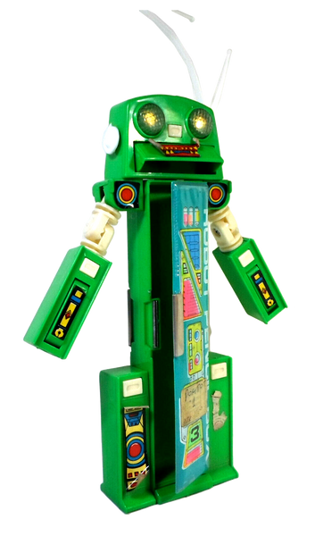 Vintage Pencil Case 80's Retro Green Robot Pencil Box Mechanical Button Stationary Pencil Case w/ Original Package