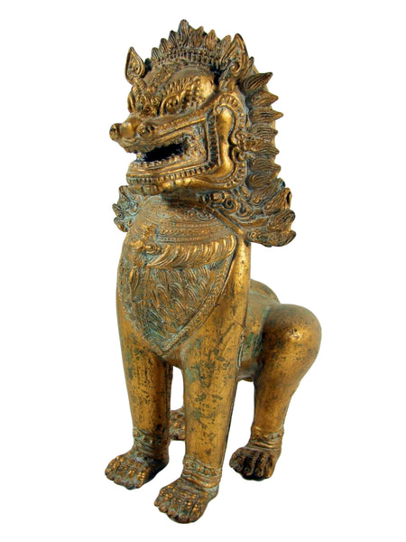 Antique Foo Foo Dog Chinese Imperial Guardian Lion Shishi Khmer Sculpture Cambodia Bronze Gilt Statue 11"