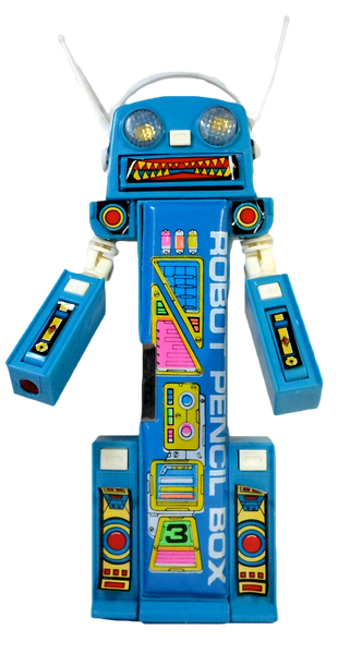 Vintage 80's Pencil Case Blue Robot Mecha Retro Multi-Function Mechanical Button Box Stationary Toy