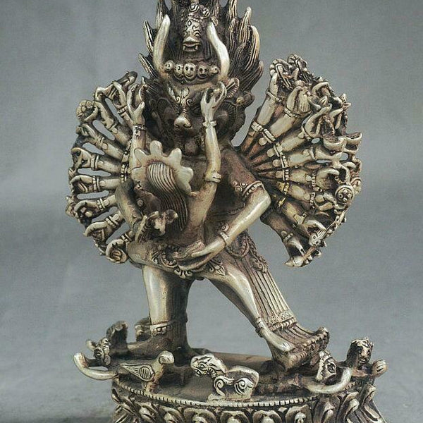 Yab-Yum Yamantaka Buddha Yama Dharmaraja Tibet Buddhism Temple Silver Statue 7"