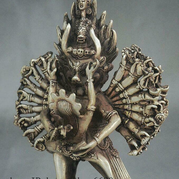 Yab-Yum Yamantaka Buddha Yama Dharmaraja Tibet Buddhism Temple Silver Statue 7"