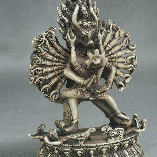 Yab-Yum Yamantaka Buddha Yama Dharmaraja Tibet Buddhism Temple Silver Statue 7"