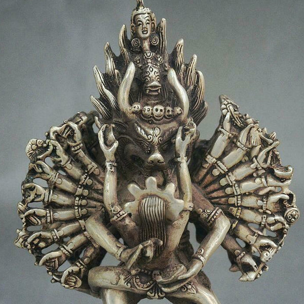 Yab-Yum Yamantaka Buddha Yama Dharmaraja Tibet Buddhism Temple Silver Statue 7"