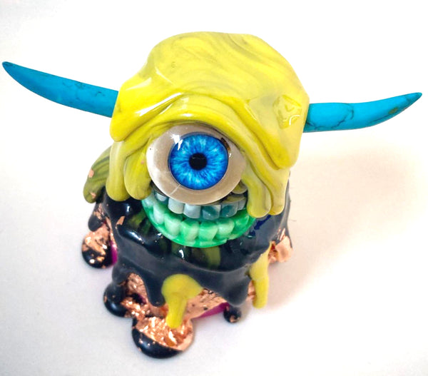 Upcycled Blue Eye Horned Golden Flake Slime Monster Cyclops by Daisy Ravenfield