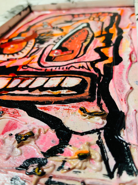 Chut Up AEQEA Art fake made mixed media abstract expressionism outsider anti-art brut wood framed panel puffy paint and two bedazzle beads