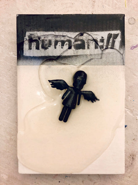 AEQEA human://Skullhead Angel Mini Figure Toy Art Original Mixmedia on Wood