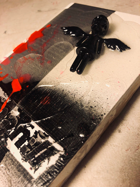 AEQEA human://Skullhead Angel Mini Figure Toy Art Original Mixmedia on Wood