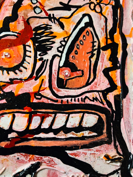 Chut Up AEQEA Art fake made mixed media abstract expressionism outsider anti-art brut wood framed panel puffy paint and two bedazzle beads