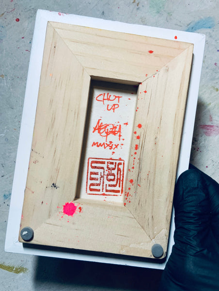 Chut Up AEQEA Art fake made mixed media abstract expressionism outsider anti-art brut wood framed panel puffy paint and two bedazzle beads