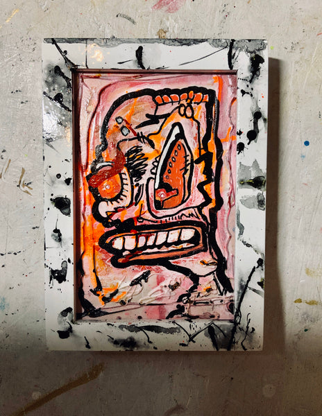 Chut Up AEQEA Art fake made mixed media abstract expressionism outsider anti-art brut wood framed panel puffy paint and two bedazzle beads
