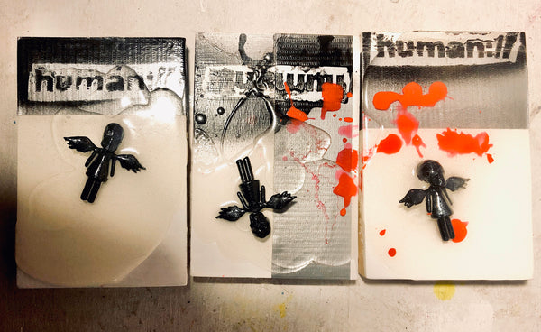 AEQEA human://Skullhead Angel Mini Figure Toy Art Original Mixmedia on Wood