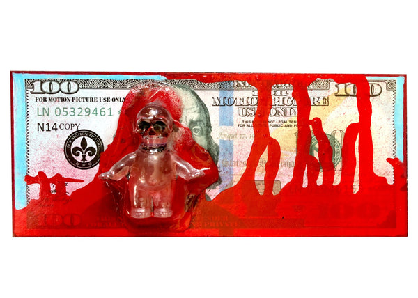 AEQEA Blood Money One Fake Made 100 Dollar Bill Custom Carded Kewpie Skull Art Toy Resin Figure