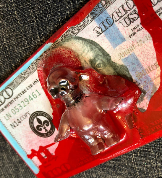 AEQEA Blood Money One Fake Made 100 Dollar Bill Custom Carded Kewpie Skull Art Toy Resin Figure