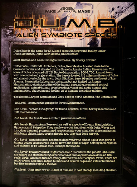 D.U.M.B. A.S.S. Dulce Secret Deep Underground Military Base Alien Symbiote Species - FAKE MADE 1984 knockoff bootleg parody art toy by AEQEA