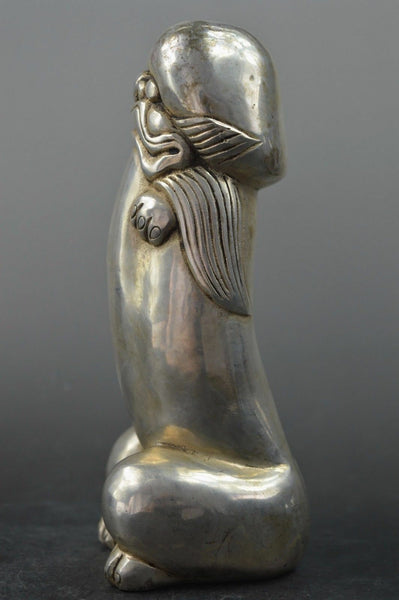 Chinese Phallic Silver Shisa Penis Statue Phallus Foo Fu Dog Tibetan Guardian Lion Komainu Palad Khik Sculpture 7"