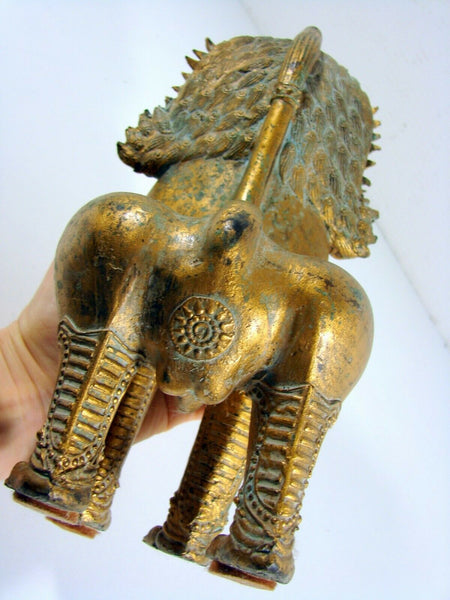 Antique Foo Foo Dog Chinese Imperial Guardian Lion Shishi Khmer Sculpture Cambodia Bronze Gilt Statue 11"