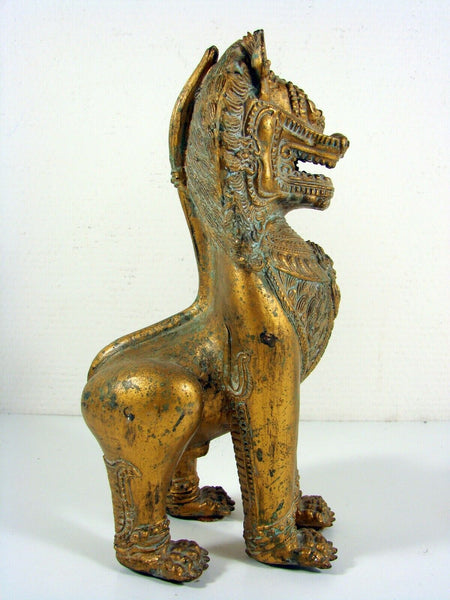 Antique Foo Foo Dog Chinese Imperial Guardian Lion Shishi Khmer Sculpture Cambodia Bronze Gilt Statue 11"