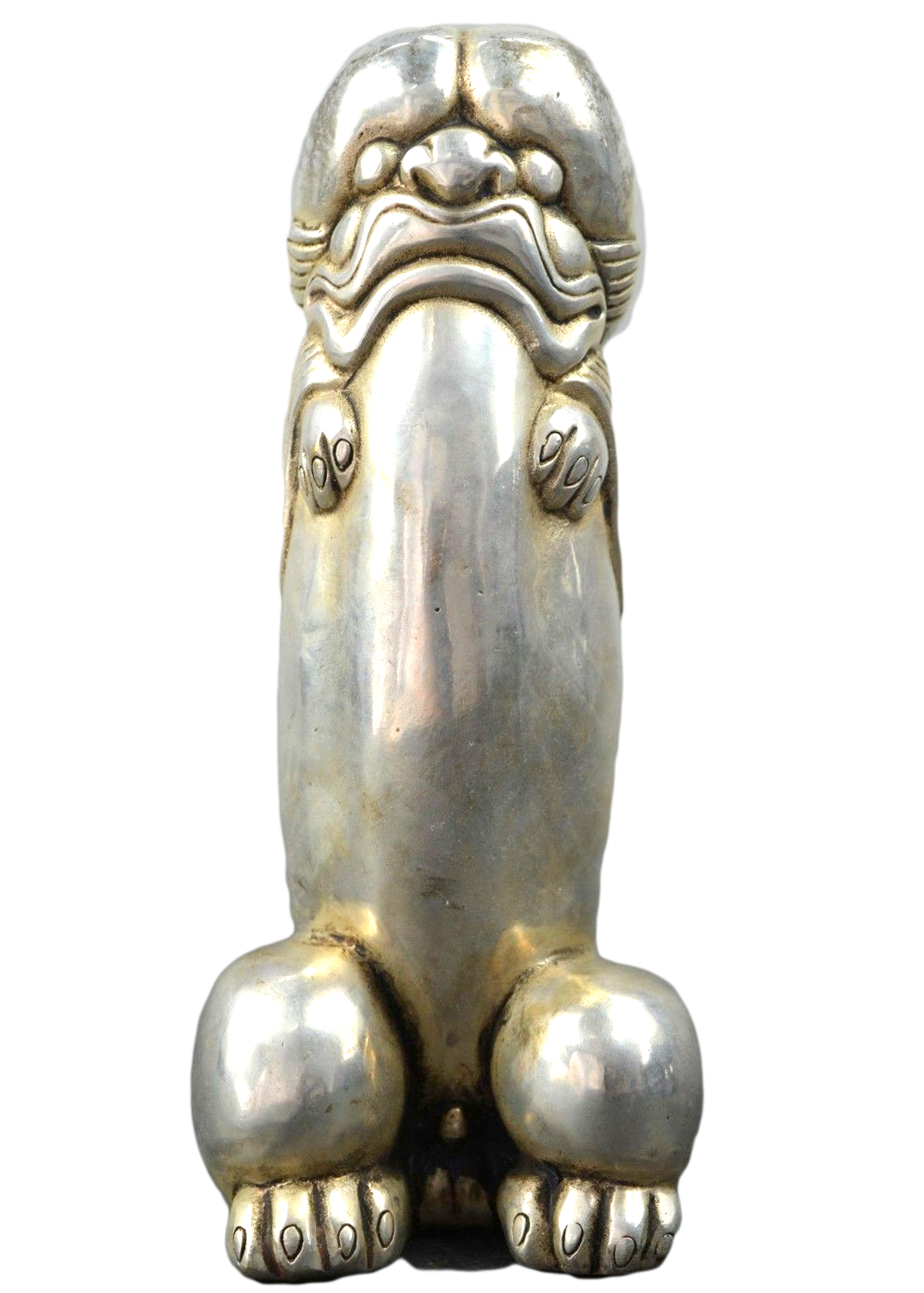 Chinese Phallic Silver Shisa Penis Statue Phallus Foo Fu Dog Tibetan Guardian Lion Komainu Palad Khik Sculpture 7"