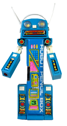 Vintage 80's Pencil Case Blue Robot Mecha Retro Multi-Function Mechanical Button Box Stationary Toy