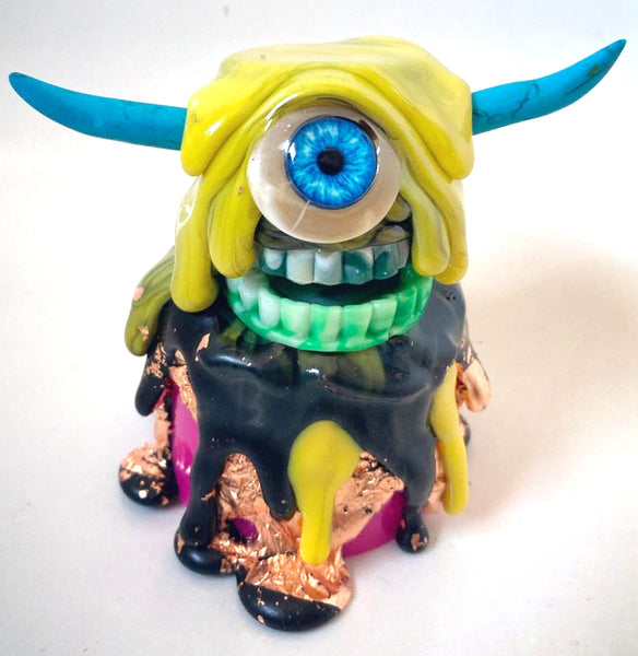 Upcycled Blue Eye Horned Golden Flake Slime Monster Cyclops by Daisy Ravenfield