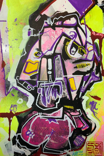 AEQEA untitled series - Cyber Flex / Annoy the Droid outsider art brut mixmedia painting 10.5x7