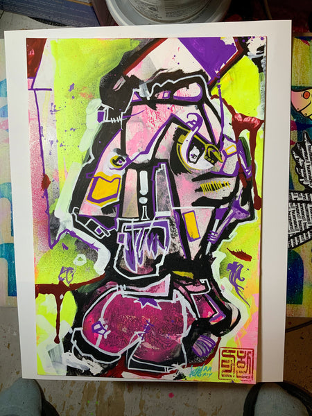 AEQEA untitled series - Cyber Flex / Annoy the Droid outsider art brut mixmedia painting 10.5x7