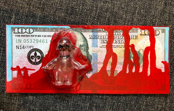 AEQEA Blood Money One Fake Made 100 Dollar Bill Custom Carded Kewpie Skull Art Toy Resin Figure