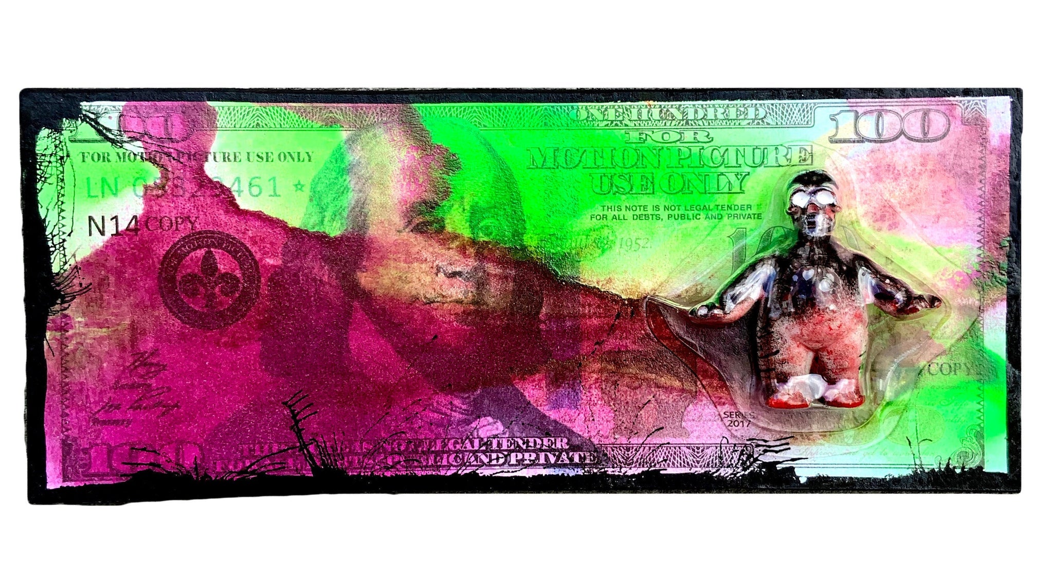 AEQEA Dirty Money Motion Picture Fake Dollar Bill Skull Bootleg Resin Outsider Art Toy Mashup