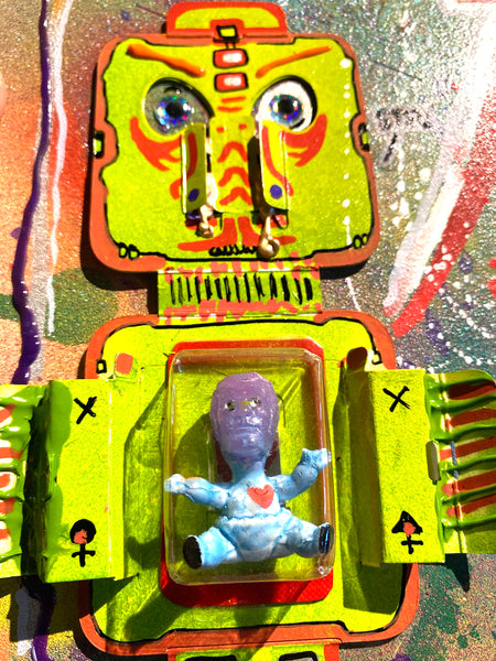 AEQEA "Host in the Machine / Garbage-in, Garbage-out / Holy Ghost" original artwork mixed media outsider art toy figure inside clamshell on collage